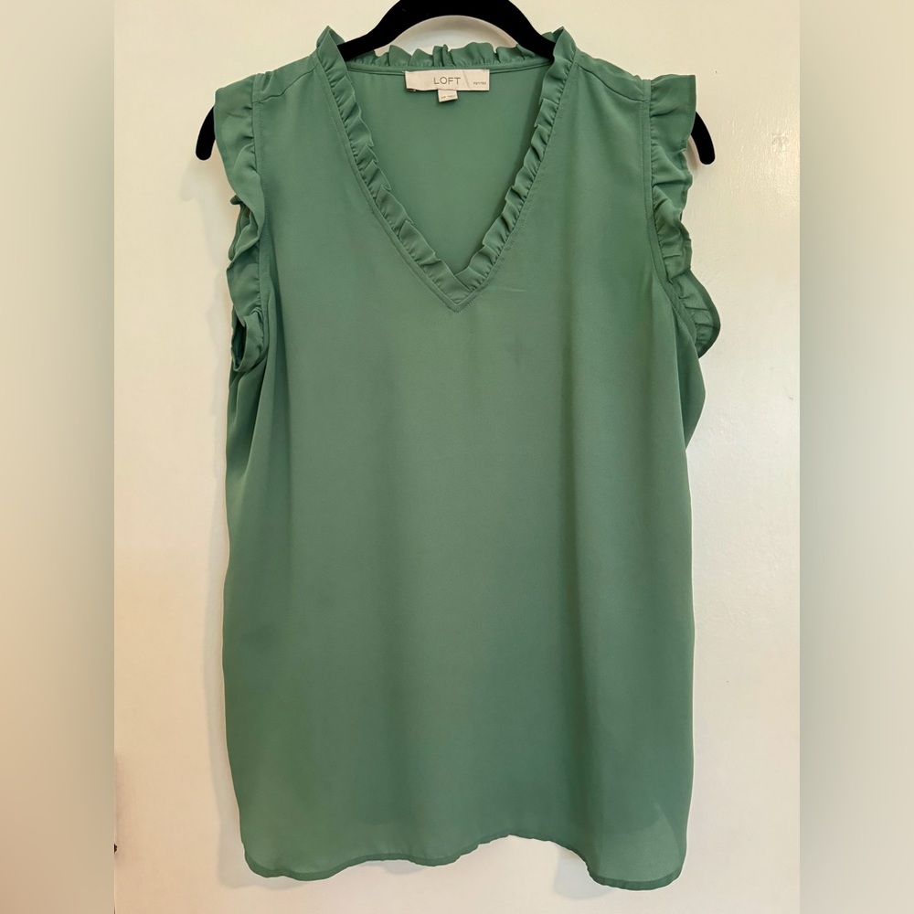 LOFT Green Ruffled Sleeveless Blouse